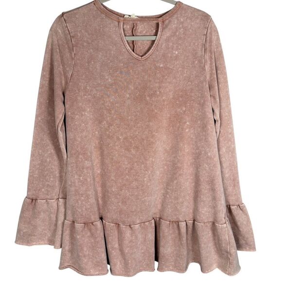 easel Tops - Easel Distressed Acid Wash Ruffle Top Long Sleeve Dusty Rose Pink Size Small